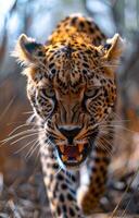 A leopard is walking through the woods with its mouth open. Concept of danger and wildness, as the leopard is a powerful predator in its natural habitat photo