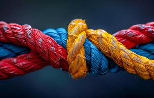 A rope with three different colored strands is tied together. The colors are red, blue, and yellow. The rope is twisted and knotted, creating a unique and interesting design photo