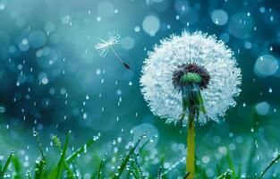 A dandelion is in the rain with a single seed falling from it. Concept of tranquility and peacefulness, as the dandelion continues to grow despite the rain photo