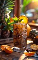 A tall glass of a dark drink with a slice of orange on top. The drink is served on a wooden table with a few oranges and a potted plant in the background photo