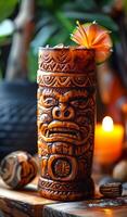 A wooden tiki drink with a flower on top. The drink is in a tall, carved wooden cup. The cup is placed on a wooden table with a candle in the background photo