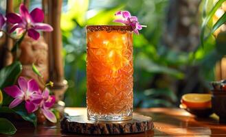 A glass of drink with a flower on top of it. The drink is brown and has a garnish on top photo