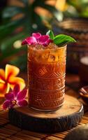 A glass of drink with a flower on top. The drink is brown and has a flower on top photo