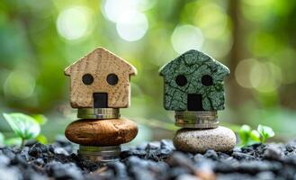 Two houses made of rocks are stacked on top of each other. The houses are small and made of wood. The scene is set in a natural environment with trees and plants in the background photo