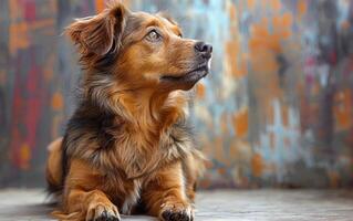A brown dog is laying on the ground and looking up at the camera. The dog appears to be relaxed and content photo