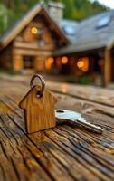 A wooden house key is sitting on a wooden table. The house key is shaped like a house and is hanging from a chain. Scene is warm and inviting, as the wooden house key and table evoke a sense of home photo