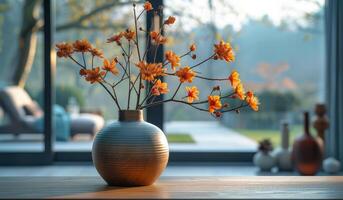 A vase of flowers sits on a table in front of a window. The flowers are orange and the vase is brown. The scene is peaceful and calming, with the flowers adding a touch of color and life to the room photo