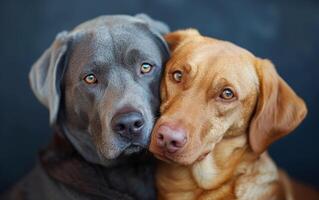 Two dogs are standing next to each other, one is brown and the other is gray. They are looking at the camera with their eyes wide open photo
