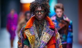 A man wearing a colorful jacket walks down a runway. The jacket is made of different pieces of fabric, giving it a patchwork appearance. The man is the center of attention photo