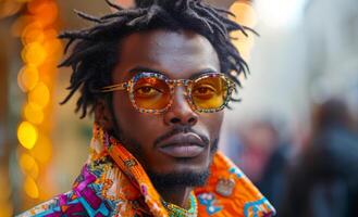 A man with dreadlocks and colorful glasses is wearing a colorful jacket. He is standing in front of a crowd of people photo