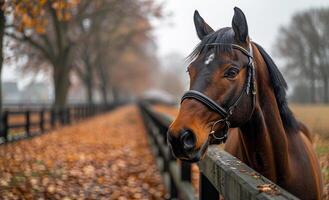 A brown horse is standing in front of a wooden fence. The horse is wearing a bridle and has a black nose. The scene is set in a field with trees in the background photo