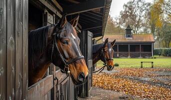 Two brown horses are standing in a barn with a roof. The barn is surrounded by a field with leaves on the ground photo