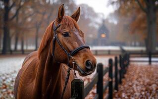 A brown horse is standing in front of a fence with leaves on the ground. The horse is wearing a bridle and he is looking at the camera. The scene has a peaceful and calm mood photo