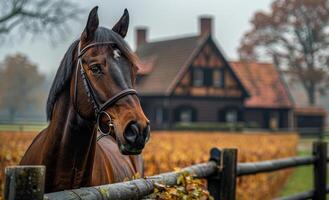 A brown horse is standing in front of a house with a brown roof. The horse is wearing a bridle and is looking at the camera. The scene has a peaceful and calm mood photo