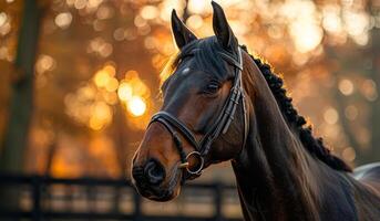A horse with a black bridle and a brown mane and tail. The horse is standing in a field with trees in the background photo