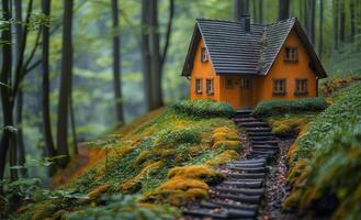 A small house is built on a hillside with a path leading up to it. The house is orange and blends in with the surrounding greenery. The scene has a peaceful and serene mood photo