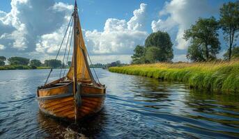 A small boat is floating on a lake with a cloudy sky in the background. The boat is the only thing visible in the water, and it is moving slowly. The scene has a peaceful and serene mood photo