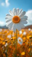 A single white flower stands out in a field of yellow flowers. The bright white color of the flower contrasts with the yellow background, creating a sense of calm and serenity photo