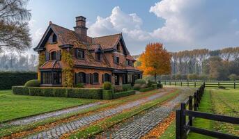 A large brick house with a red roof and a stone chimney. The house is surrounded by a lush green lawn and a gravel driveway. The house is situated in a rural area with a large tree in the front yard photo