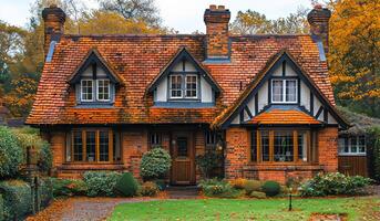 A large brick house with a red roof and a chimney. The house has a lot of windows and a porch. The house is surrounded by trees and bushes photo
