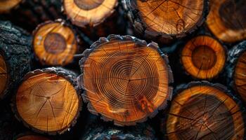 A pile of wood logs with a large, round log in the middle. The wood logs are all different sizes and shapes, and they are all brown. The pile of wood logs creates a sense of warmth and coziness photo