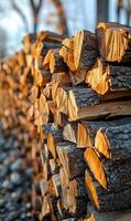 A pile of wood logs with a warm, rustic feel. The logs are stacked on top of each other, creating a sense of depth and dimension. The sunlight shining on the logs adds to the overall atmosphere photo