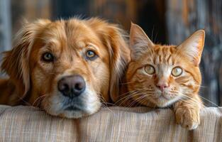 A dog and a cat are laying on a couch together. The dog is looking at the camera with a serious expression, while the cat is looking away photo