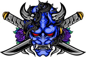 A blue demon head with two swords and roses vector