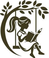 a girl reading a book on a swing with the words she is reading vector