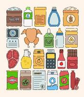 A visually appealing set of food and drink icons in flat design style, highlighting an assortment of grocery items. vector