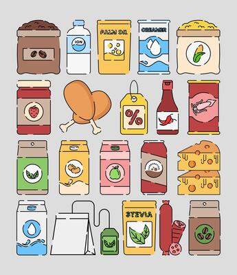 A colorful set of food and drink icons, showcasing various grocery products in a vibrant illustration style.