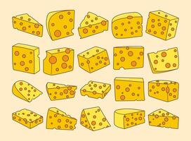 A colorful illustration showcasing various shapes and types of cheese, including wedges, cubes, and slices. vector