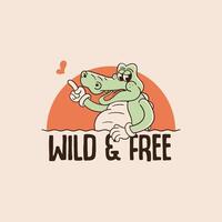 retro illustration of crocodile cartoon character relaxing at dusk vector