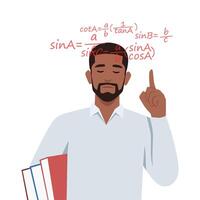 Young man thinks study math. Scientists with mathematical formulas and schemes. vector