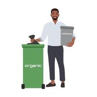 Young man sorting garbage. Guy stand near bins sort trash and plastic in containers. vector