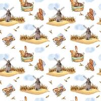 Windmill with various kind bread in watercolor seamless pattern isolated on white background. Rustic landscape with rye for bakery in sketch style hand drawn. Design for package, wrapping paper. vector