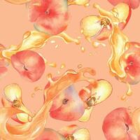 Watercolor seamless pattern of chines flat peaches levitation with splashing juice isolated on pink. Fruits with drops painted. Fig peach hand drawn. Design element for package, label, cosmetic, oil. vector
