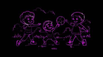 Neon frame effect, Happy Kids with Playground Ball on black background video