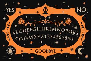 Gothic typography Ouija Board. Roses surrounded by moon and stars, texts, and alphabet. Ghosts and demons calling the game vector