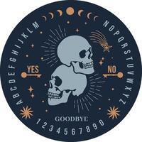 Graphic template inspired by Ouija Board. skeleton skull and stardust surrounded by moon and stars texts and alphabet. Gothic typography. Ghosts and demons calling the game vector