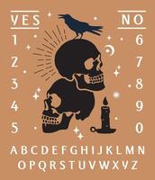 Ouija board, skull, candles, and crows with alphabet. Ghosts and demons calling the game on a gold background. vector