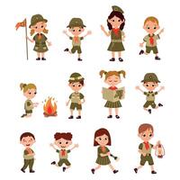 Child scouting. Set of boy and girl scouts in uniform in different poses. White background, isolate vector