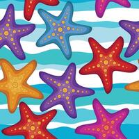Starfish Seamless pattern on blue abstract wavy lines background vector