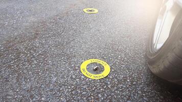 A spent bullet casing placed within a yellow circle, labeled with the text Evidence, Do Not Move, set against pavement background, concept of crime investigation. photo