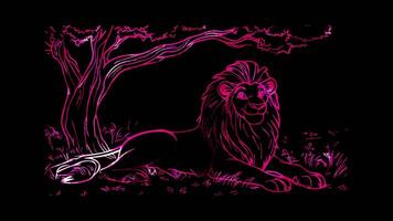 Neon frame effect, smiling lion lounging under a tree with a big on black background video