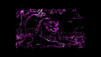 Neon frame effect, smiling lion lounging under a tree with a big on black background video
