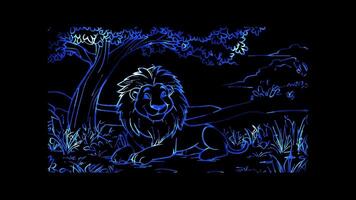 Neon frame effect, smiling lion lounging under a tree with a big on black background video