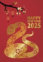 Happy New Year greeting card, golden snake pattern with red background with plum blossoms vector
