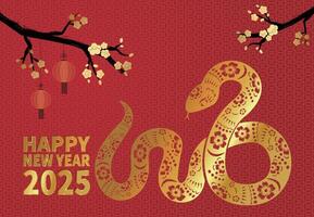 Happy New Year greeting card, golden snake pattern with red background with plum blossoms vector
