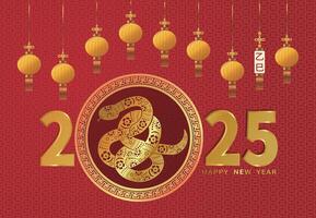 2025 New Year greeting card, red background, golden snake and lantern vector
